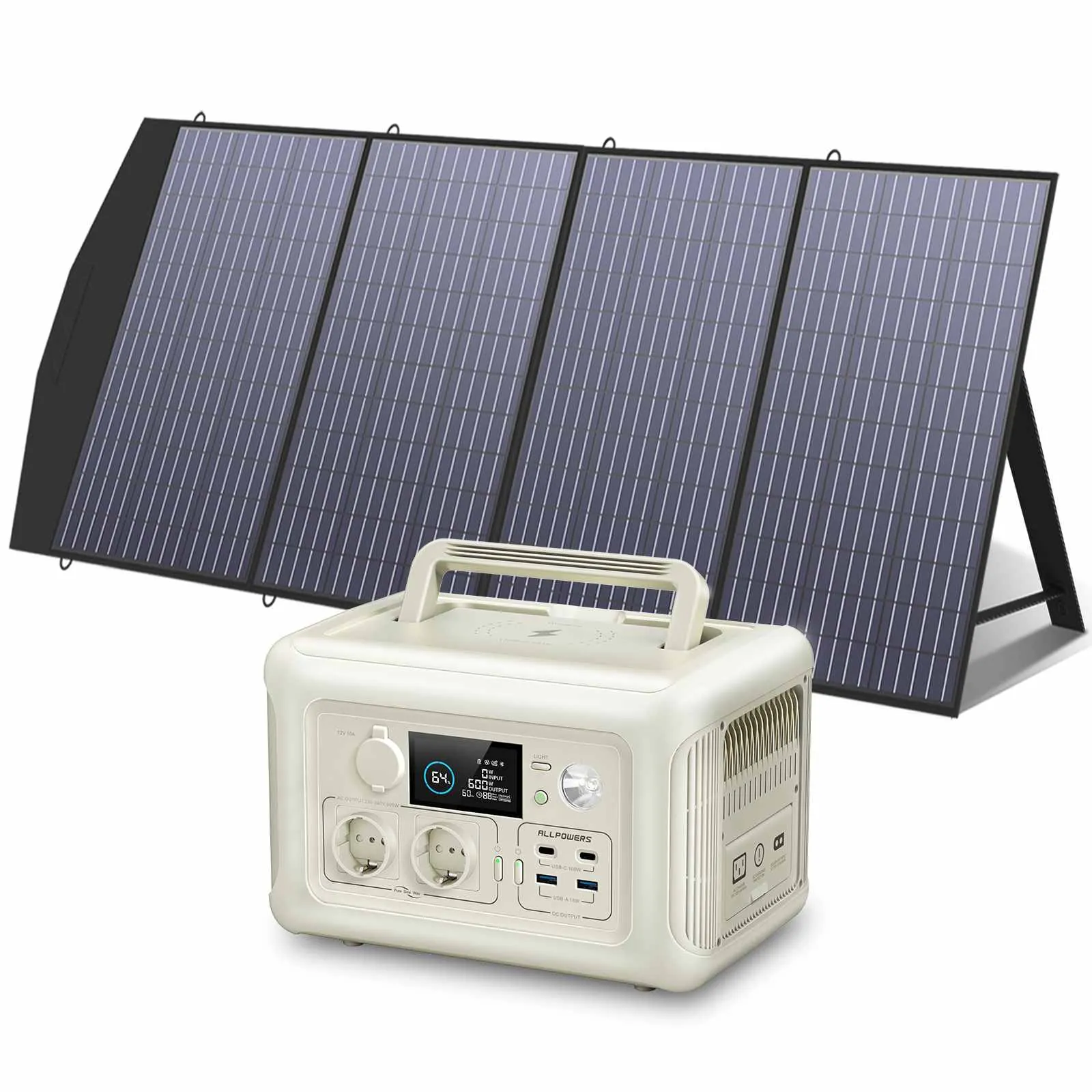 ALLPOWERS R600 Beige Estación de Energía Portátil 600W 299Wh Batería LiFeP04 - R600-Beige+ 1*( SP033 Panel solar 200W) AP-SS-005PRO-EU-WHI + AP-SP-033-BLA