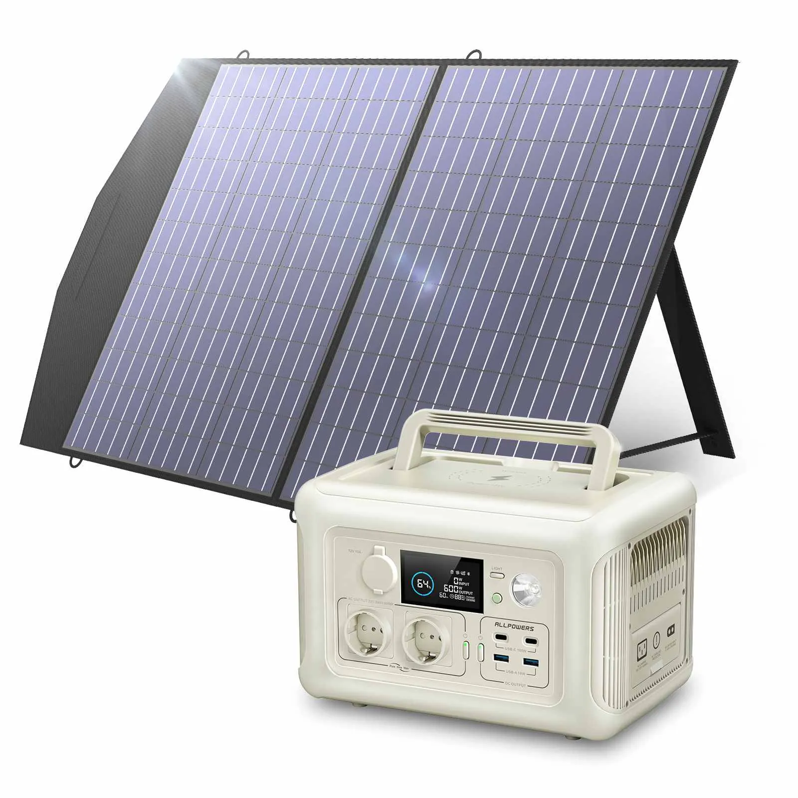 ALLPOWERS R600 Beige Estación de Energía Portátil 600W 299Wh Batería LiFeP04 - R600-Beige+1*( SP027 Panel Solar 100W) AP-SS-005PRO-EU-WHI + AP-SP-027-BLA